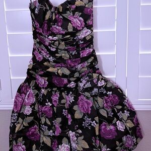 Black Floral Backless Dress with Purple Rose Print